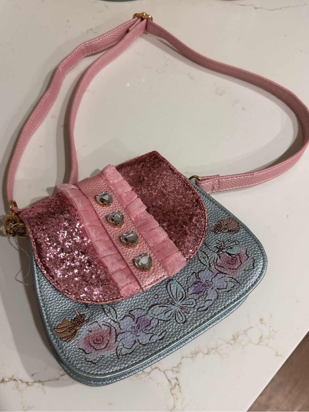 Kids Disney Pink Glitter Fairy Godmother Floral Crossbody Bag NWOT